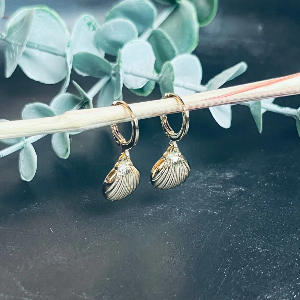 Seashell Huggie Hoop Earrings‎ | 14k Rose Gold Plated | Boho Ocean Mermaid